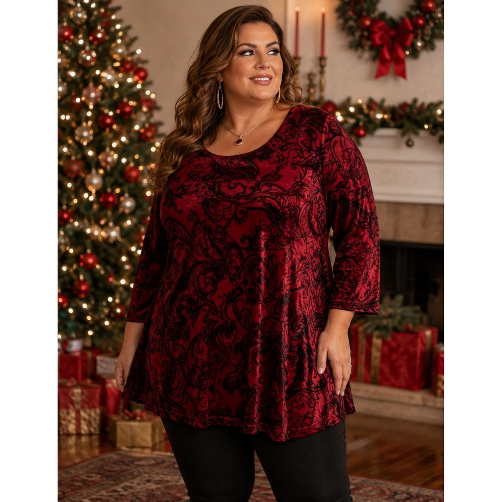 Catherines Red Velvet Burnout Paisley‎ Tunic Top 2X 22/24W 3/4 Sleeve Holiday